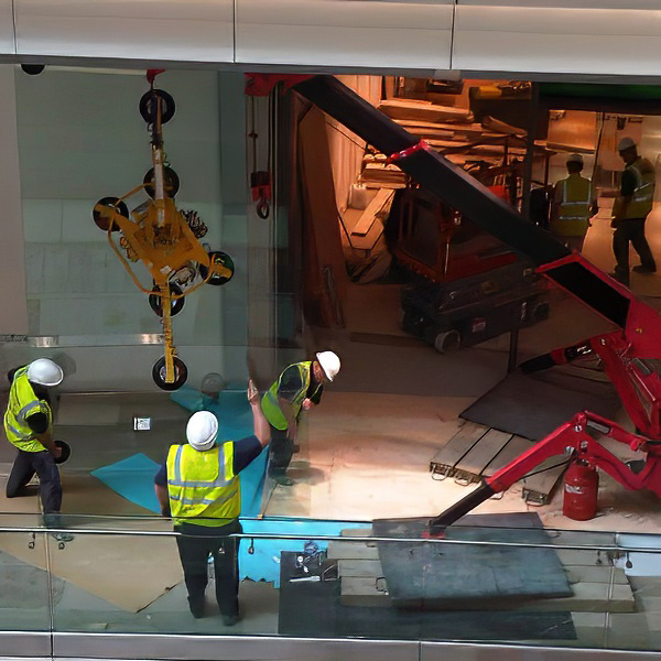 Lifting glass in a shopfront with a mini crane